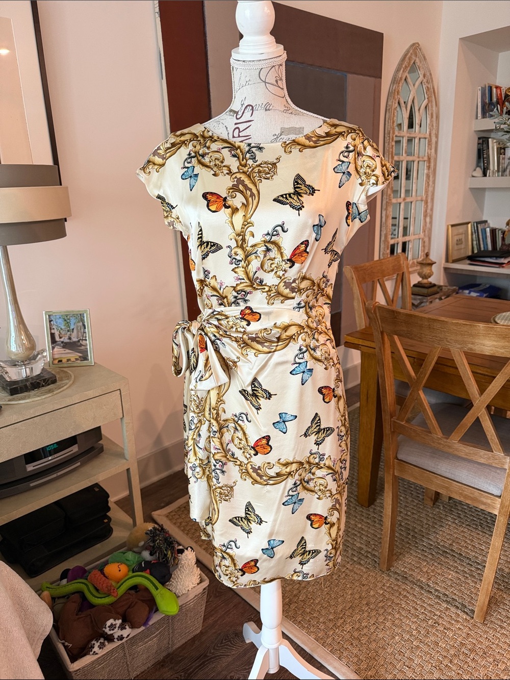 Sara Campbell Cream Butterfly-Print Cap Sleeve Midi Dress